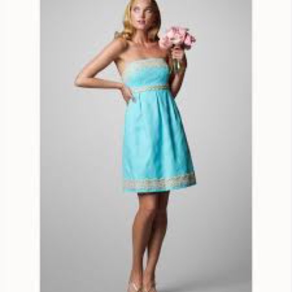 Lilly Pulitzer dress size 2 aqua with gold details. Strapless summer dress.